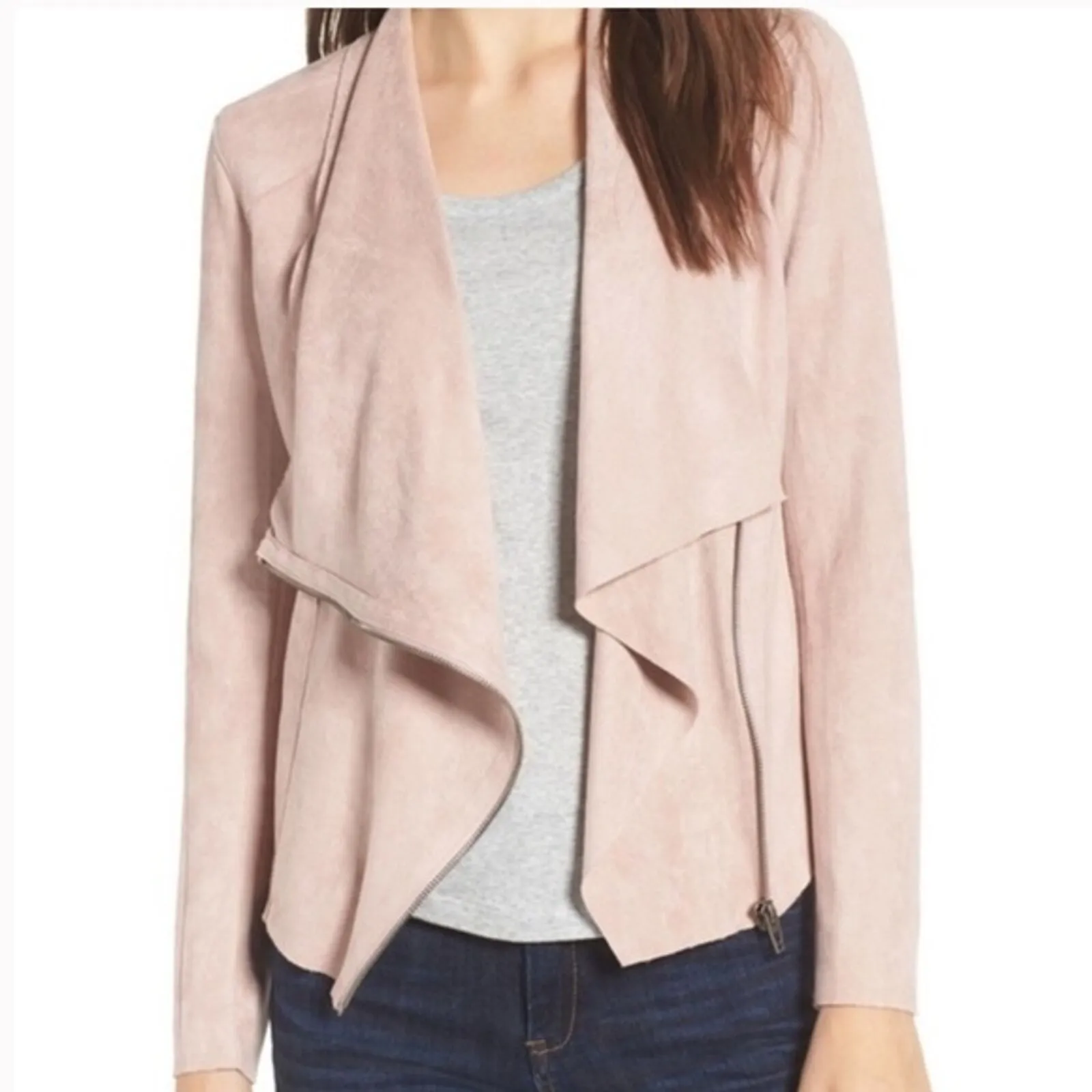 BlankNYC Jacket Women Medium Blush Pink‎ Drape Front Lightweight Faux Suede Edgy - Image 7