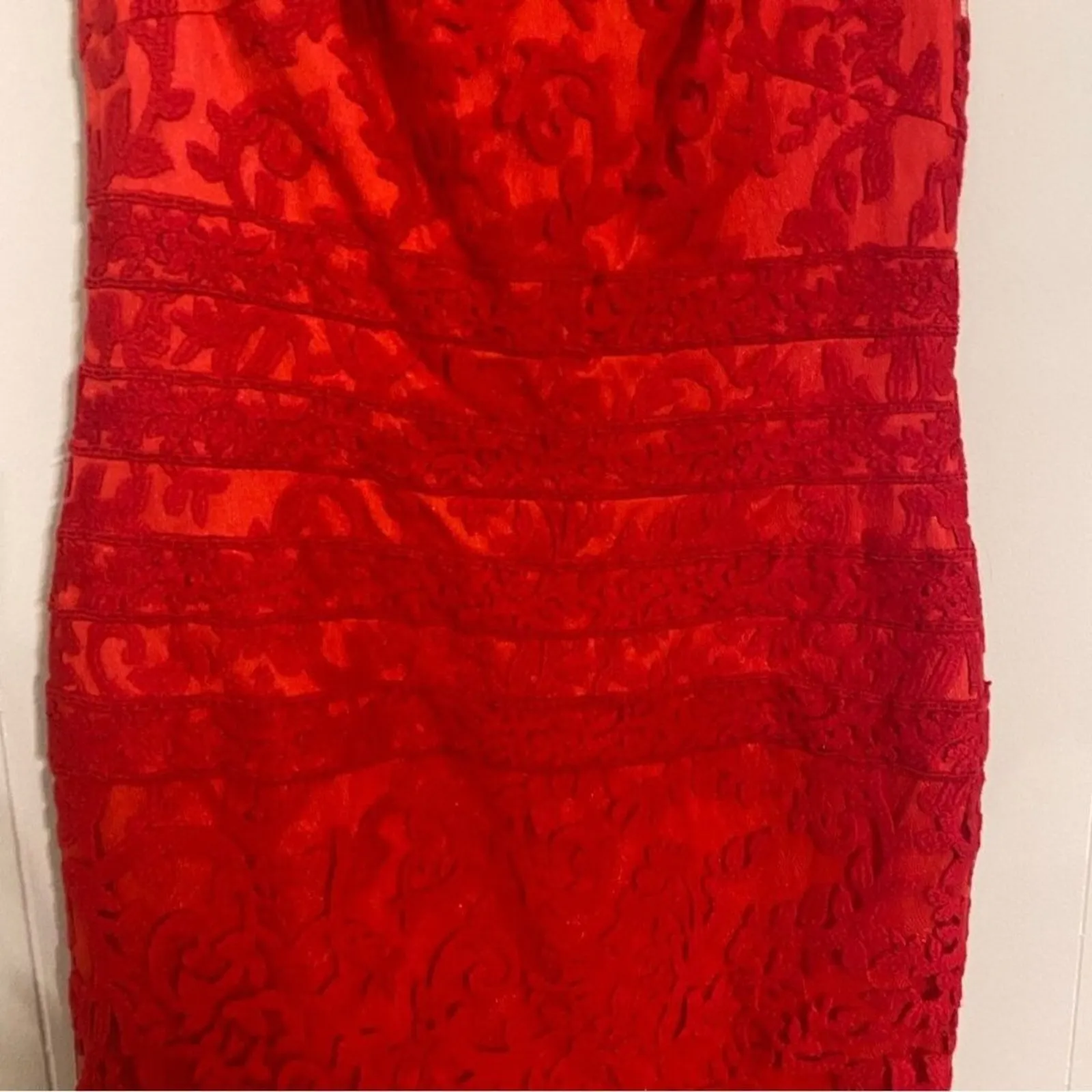 Tadashi Shoji Lace Holiday Party‎ Cocktail Dress Flame Red Bateau Neck (10) Gala - Image 4