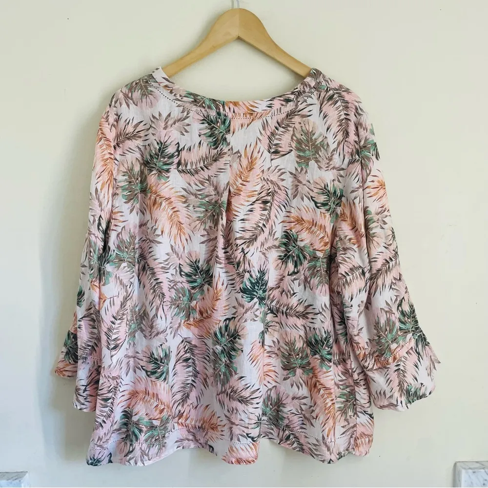 J. Jill Love Linen Tropical Floral Ruffle Sleeve Blouse size XLP Pink V - Image 2