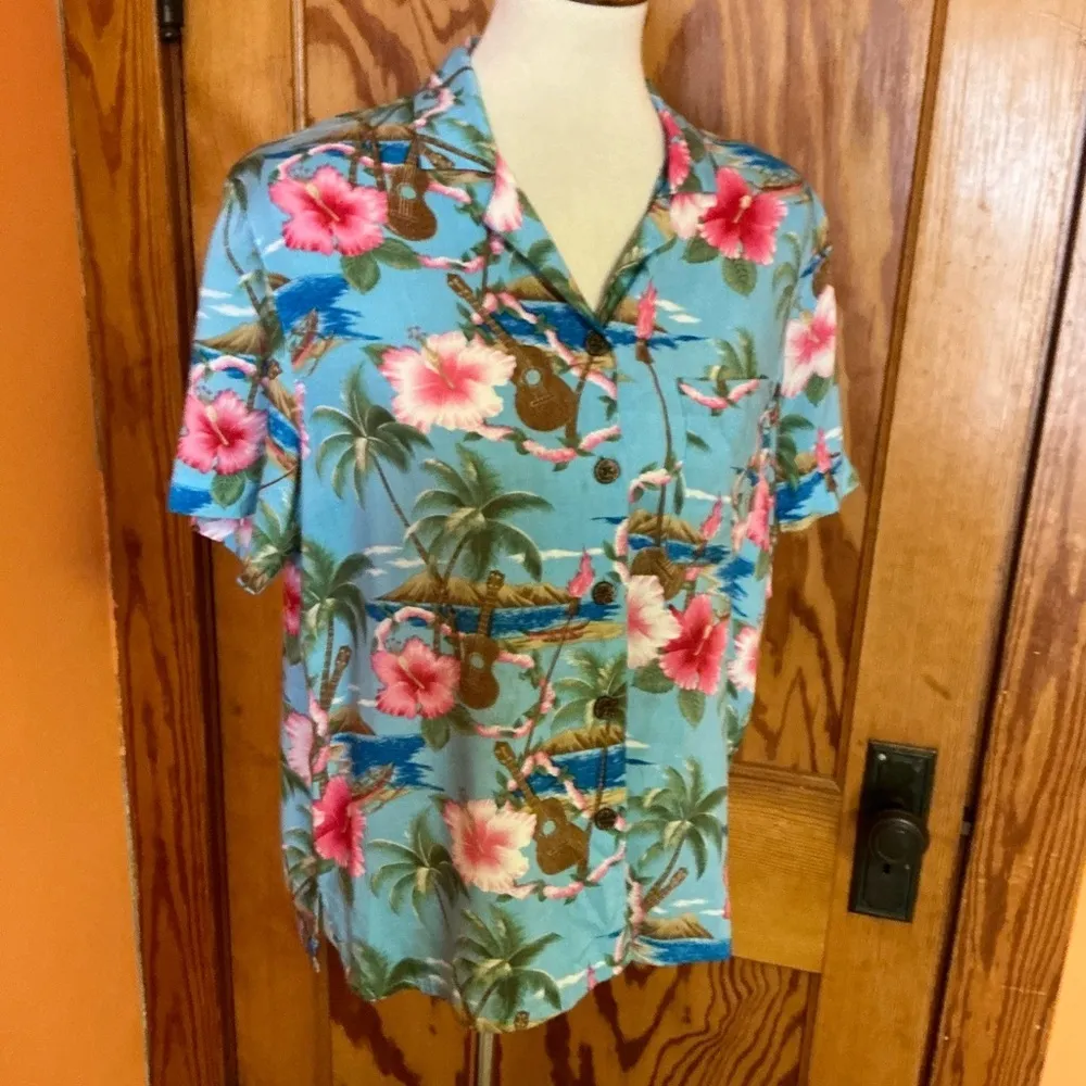 Vintage Hawaiian Shirt Tropical Floral Ukulele Print Button Up Blue Size M - Image 9