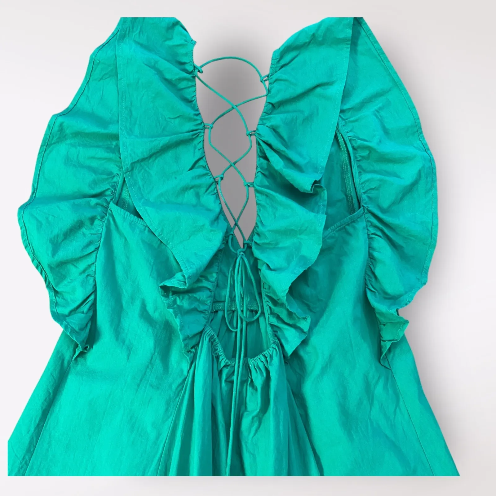Umgee Kelly Green Tiered Ruffled Corset Back‎ Mini Dress Preppy Casual Size L - Image 6