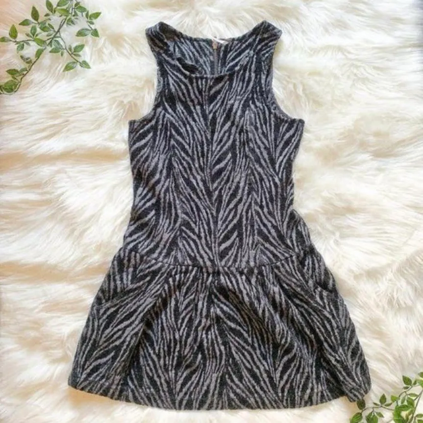 Black Chenille Zebra Print Pocket Drop Waist 2 Casual Mini Dress - Image 2