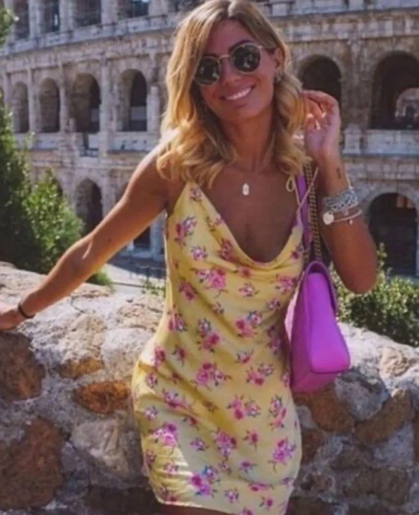 ZARA Safia Yellow Floral Draped Camisole Satin Slip Mini Dress - Image 2