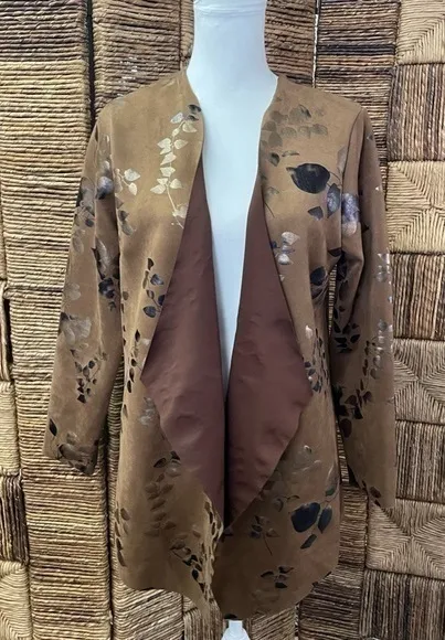 Soft Surroundings Brown Open Front Jacket Size M Long Sleeve Suede Floral - Image 1