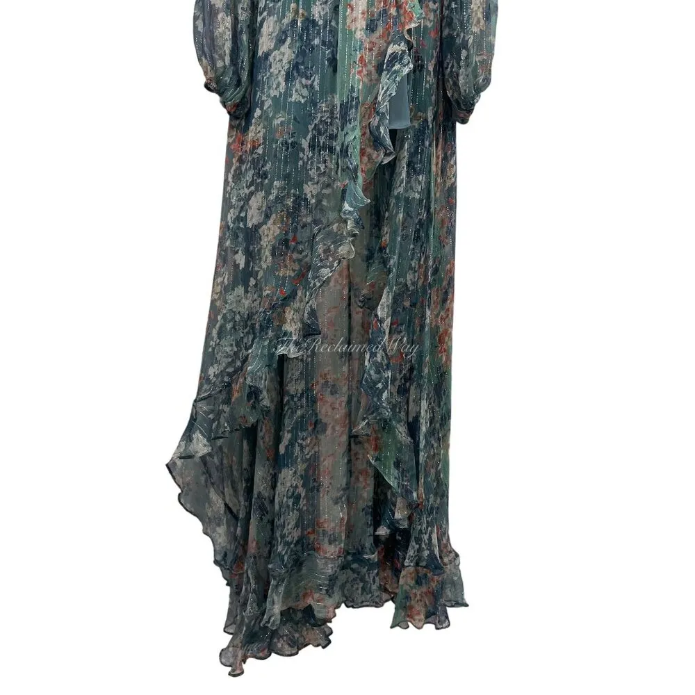 Caroline Constas Silk Vivan Floral Ruffled Georgette Maxi Gown Dress Slate Ombre Green Size XS - Image 12