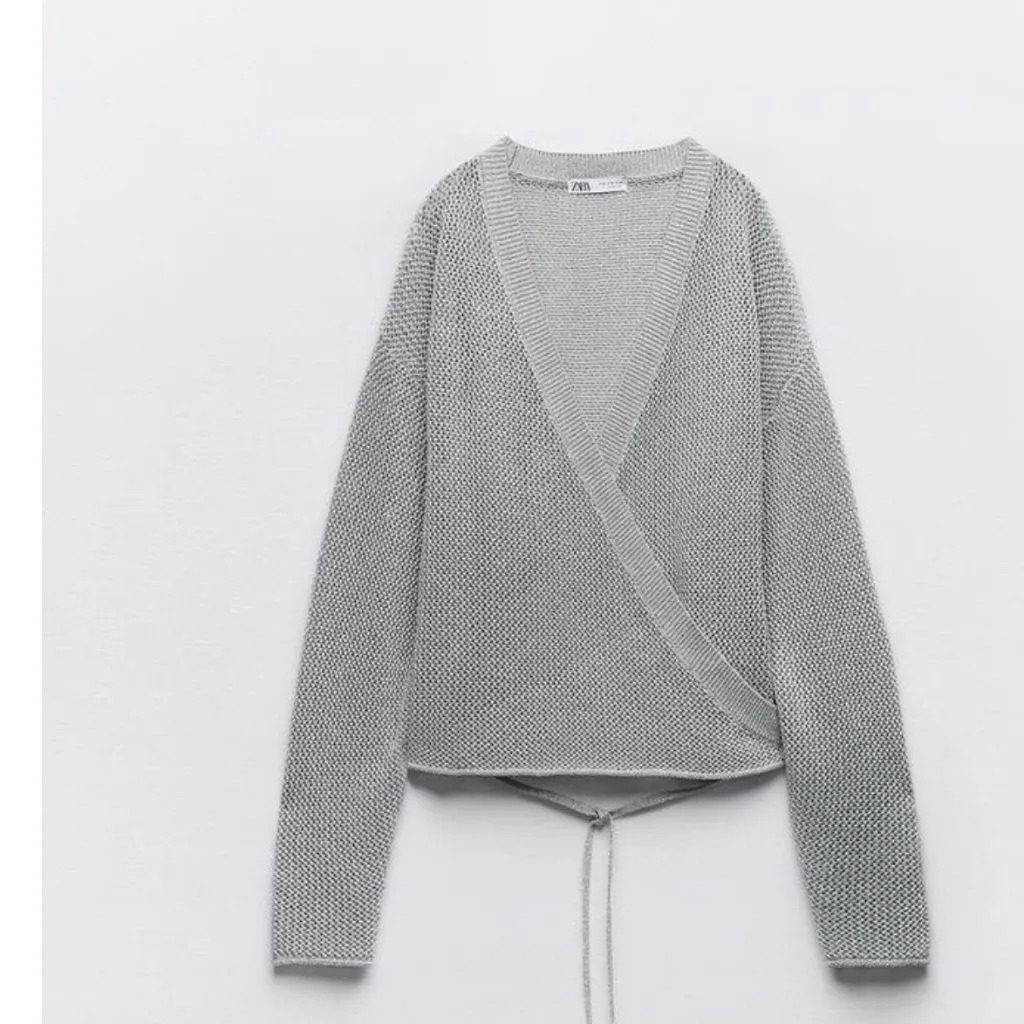 NWT ZARA WRAP Open KNIT CARDIGAN WITH METALLIC THREAD Silver Gray Small - Image 3