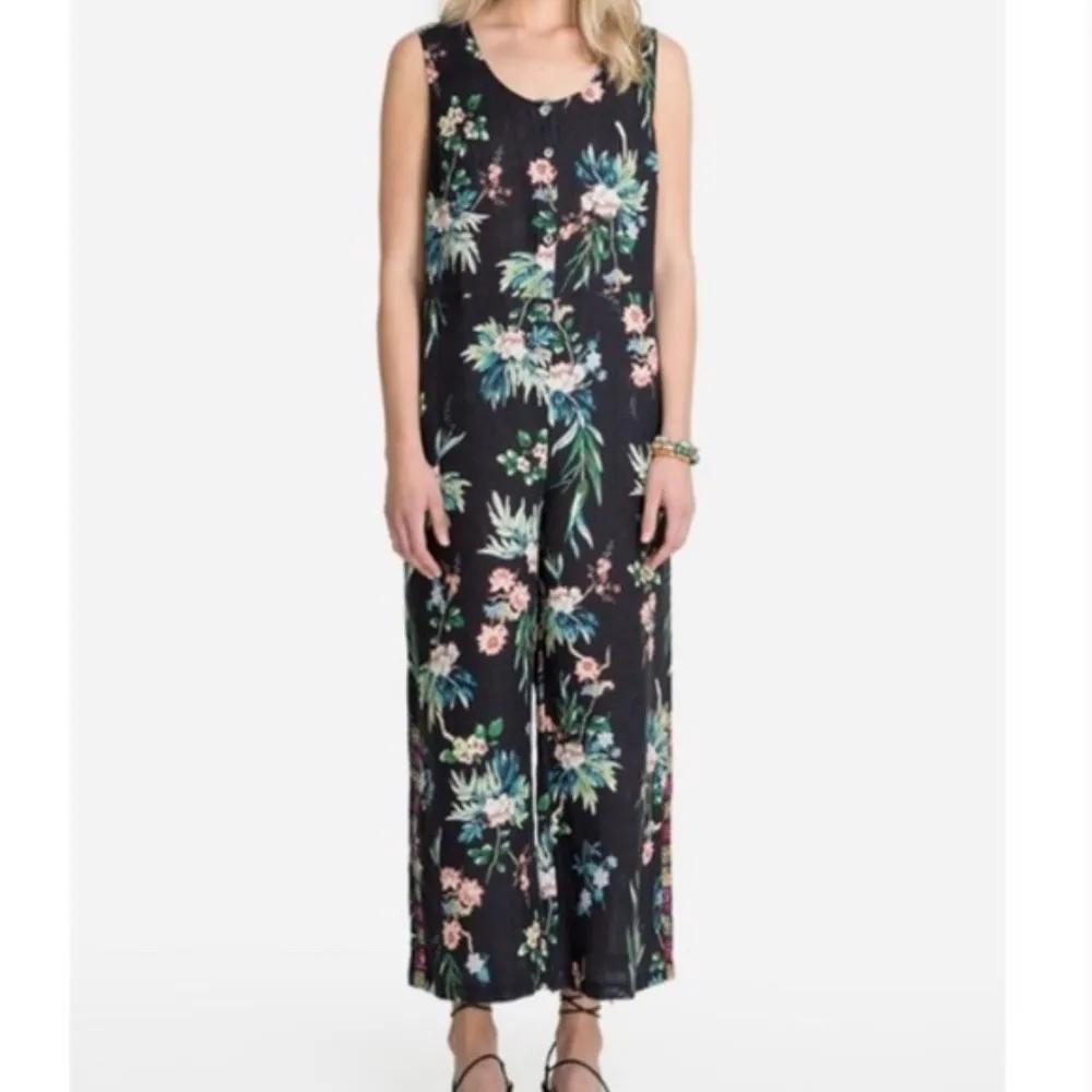 Johnny Was Sz S Tall Black Floral Linen Tank Jumpsuit Button Down Hand Pockets - Image 4