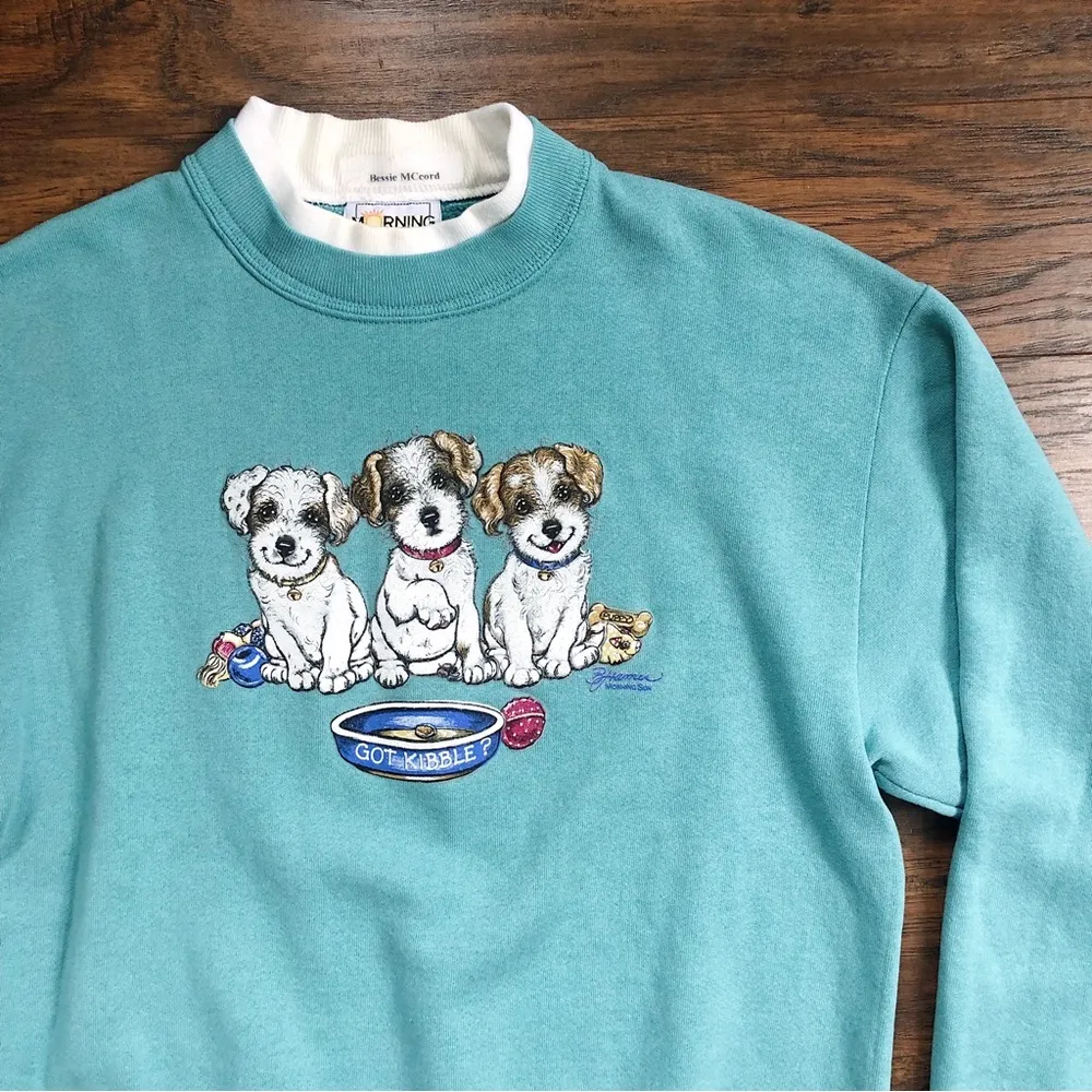 vintage • grandma sweatshirt aqua cotton collared puppies pullover grandmacore Size M - Image 2