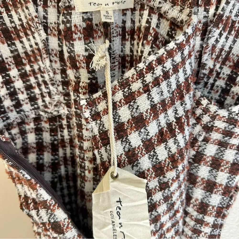 NWT Tea N Rose Brown and White Overall Houndstooth Pinafore Dress Raw Hem - Image 7