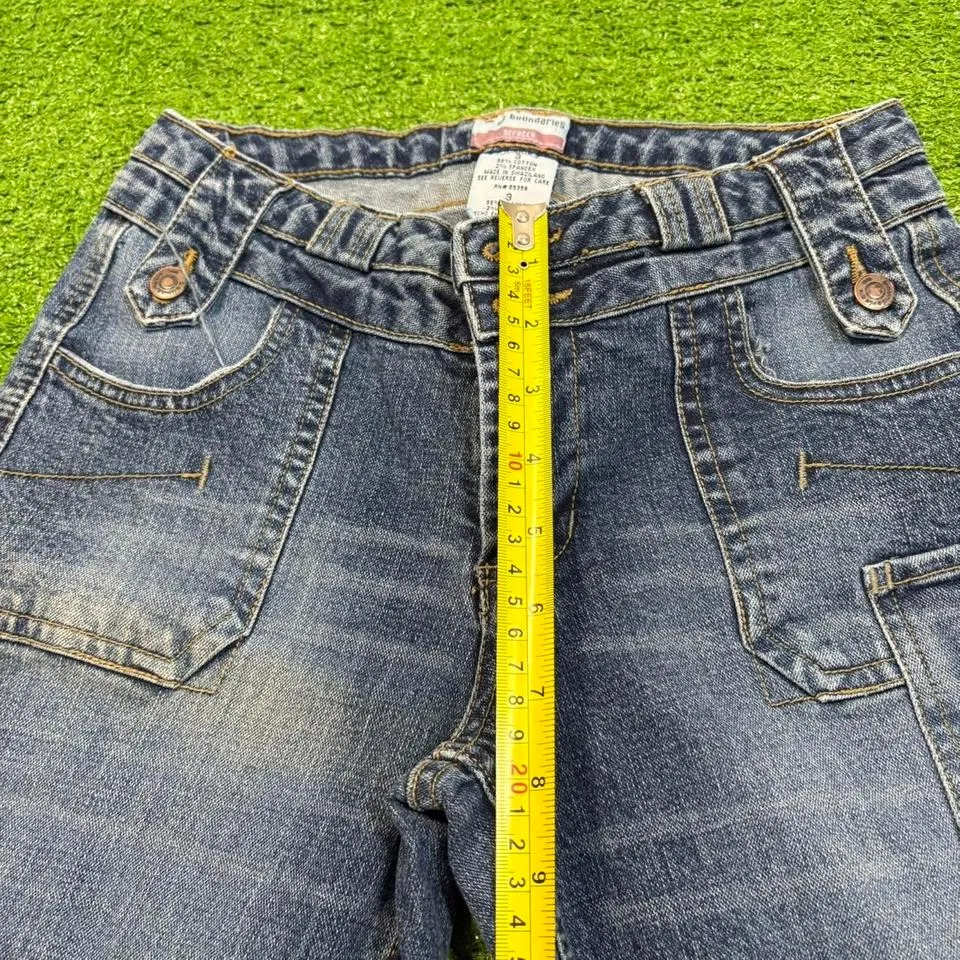 Y2K No Boundaries Bareback Denim Blue Flare Jeans Wide Belt Loop Double Button - Image 5