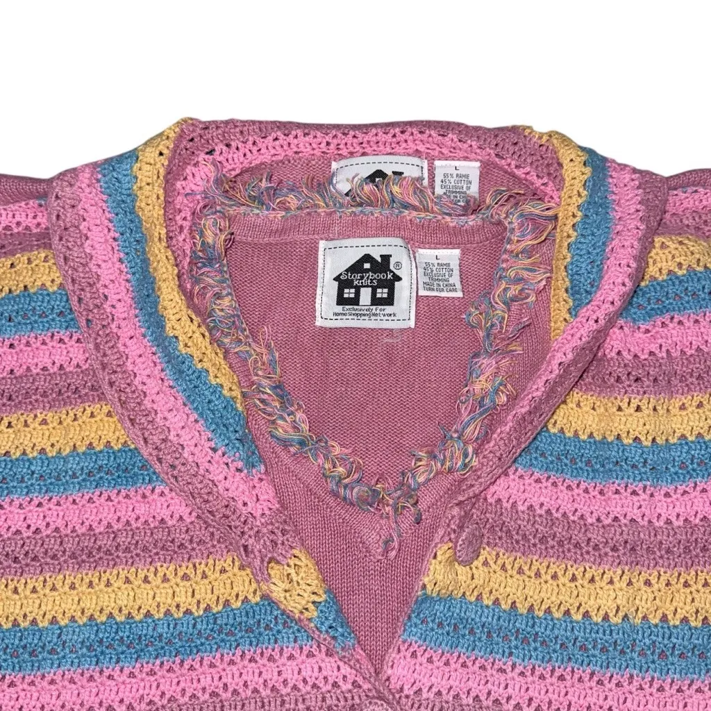 VTG Storybook Knits Pastel Striped Cardigan & Vest Y2K Cottagecore Knit Sweater Pink Size L - Image 4