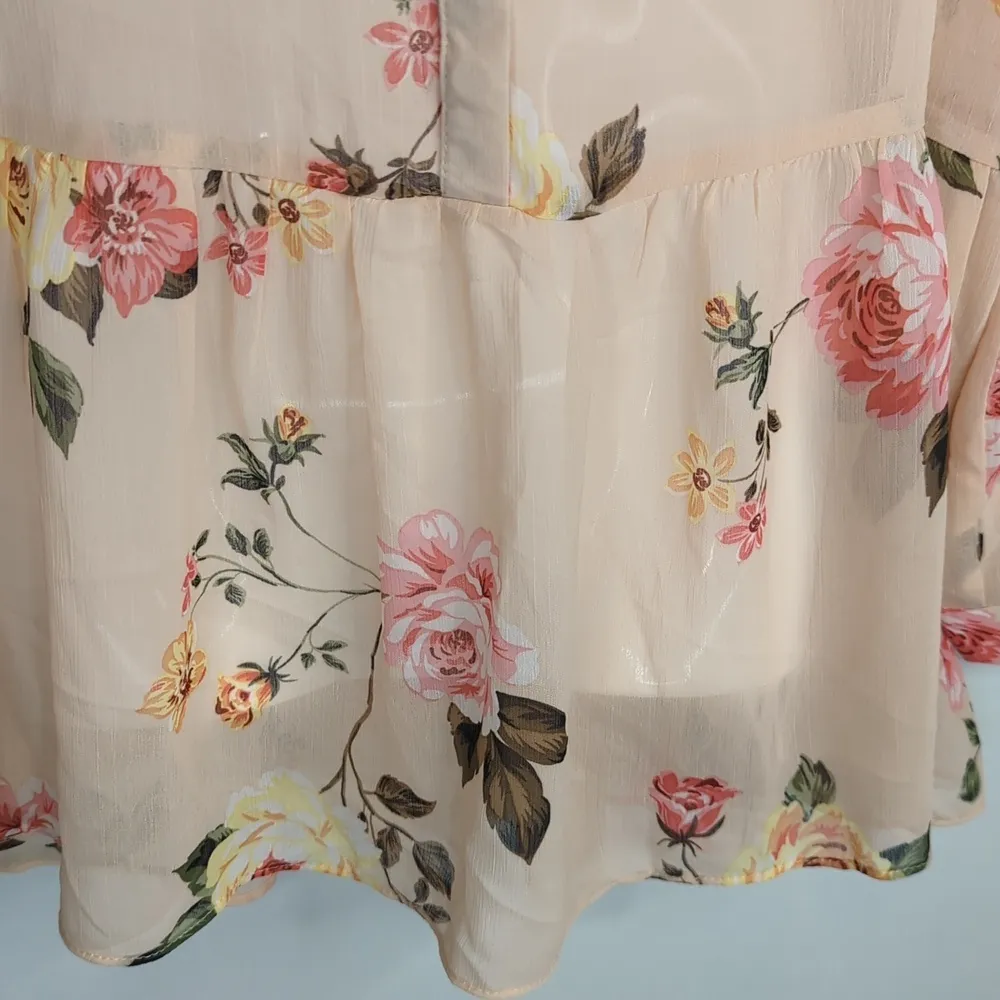 Cupio‎ Coral Floral Roll Tab Peplum Blouse Womens Sm. NWT Baby Doll Priarie - Image 2