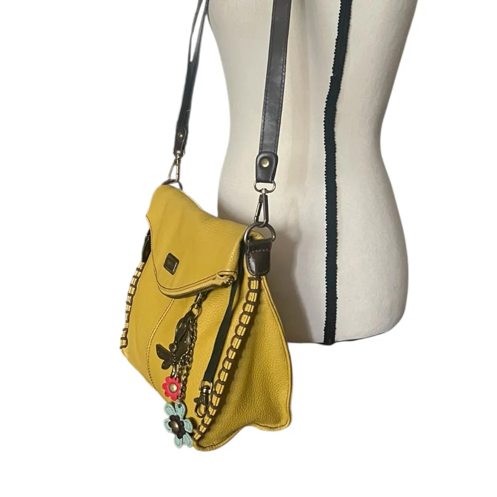 CHALA Mustard Pebbled Leather Crossbody Handbag with Dragonfly Charm. - Image 2