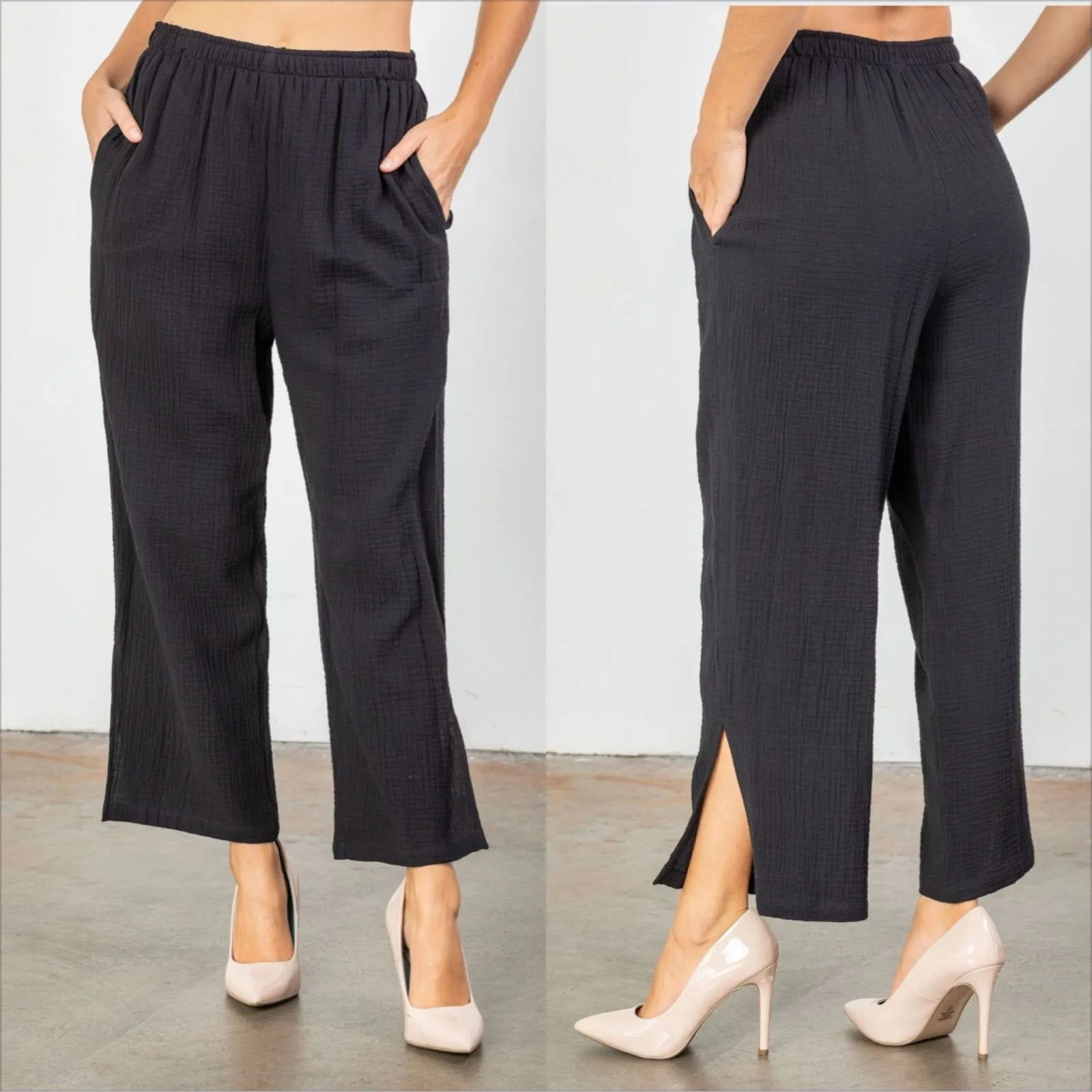 IC By Connie K Crinkle Wide Leg Split Cuff Pull On Pants Size Large Black - Image 2