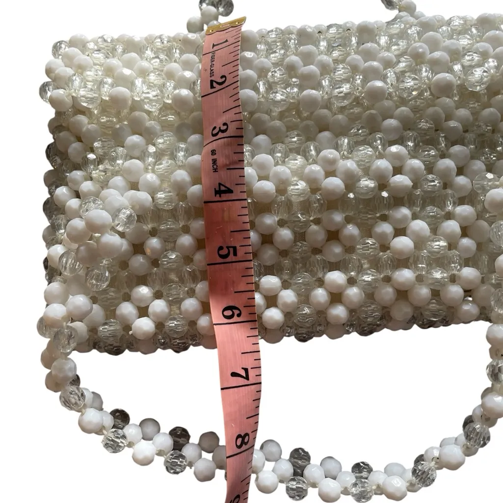 Vintage 1960s white/clear beaded woven satchel handbag boho mod retro handmade White - Image 9