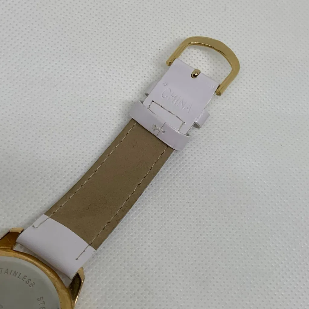 Oleg Cassini date watch gold tone 35mm Roman quartz white leather running - Image 7