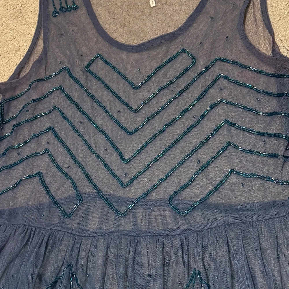 Free People Embellished Mesh Mini Slip Dress Beaded Blue Size Small Boho Sheer - Image 6