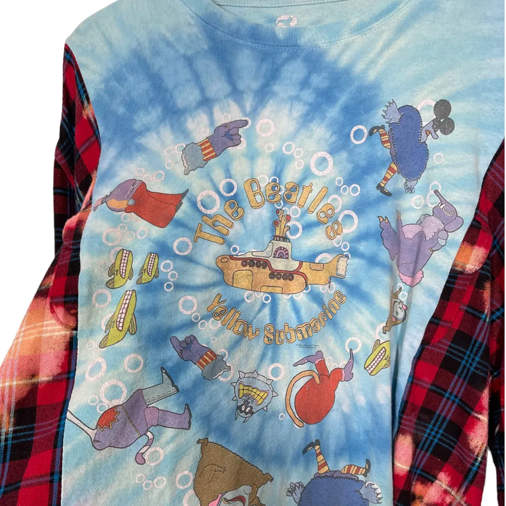 Custom Rework Beatles Bleached Plaid Flannel Sleeve Top M/L Oversized Cropped Blue Size L - Image 3
