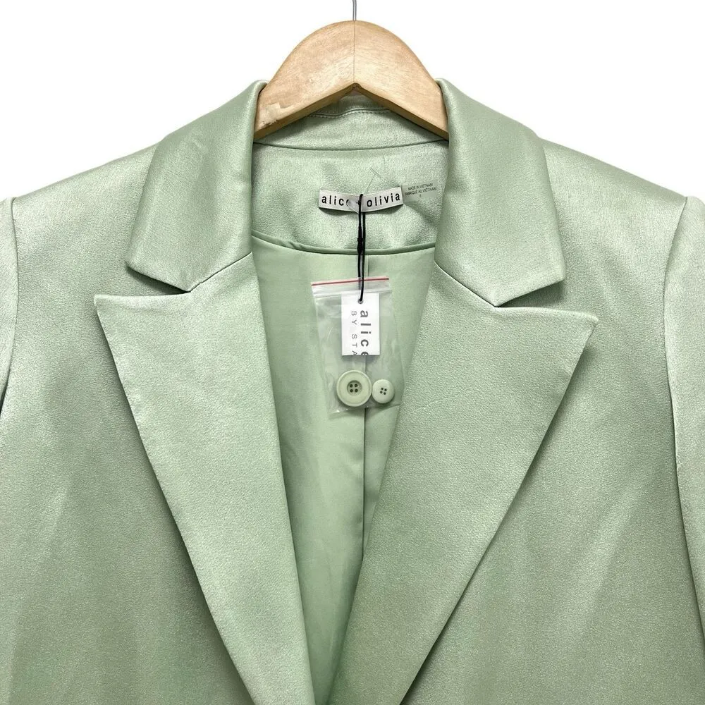 Alice + Olivia Denny Satin Single Breasted Boyfriend Blazer Green Tea Size 6 New - Image 9