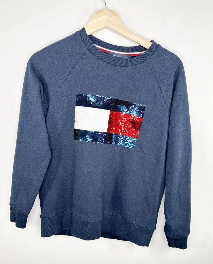 Tommy Hilfiger Blue Sequin Logo Crewneck Sweatshirt Women's Size X-Small XS - Image 6