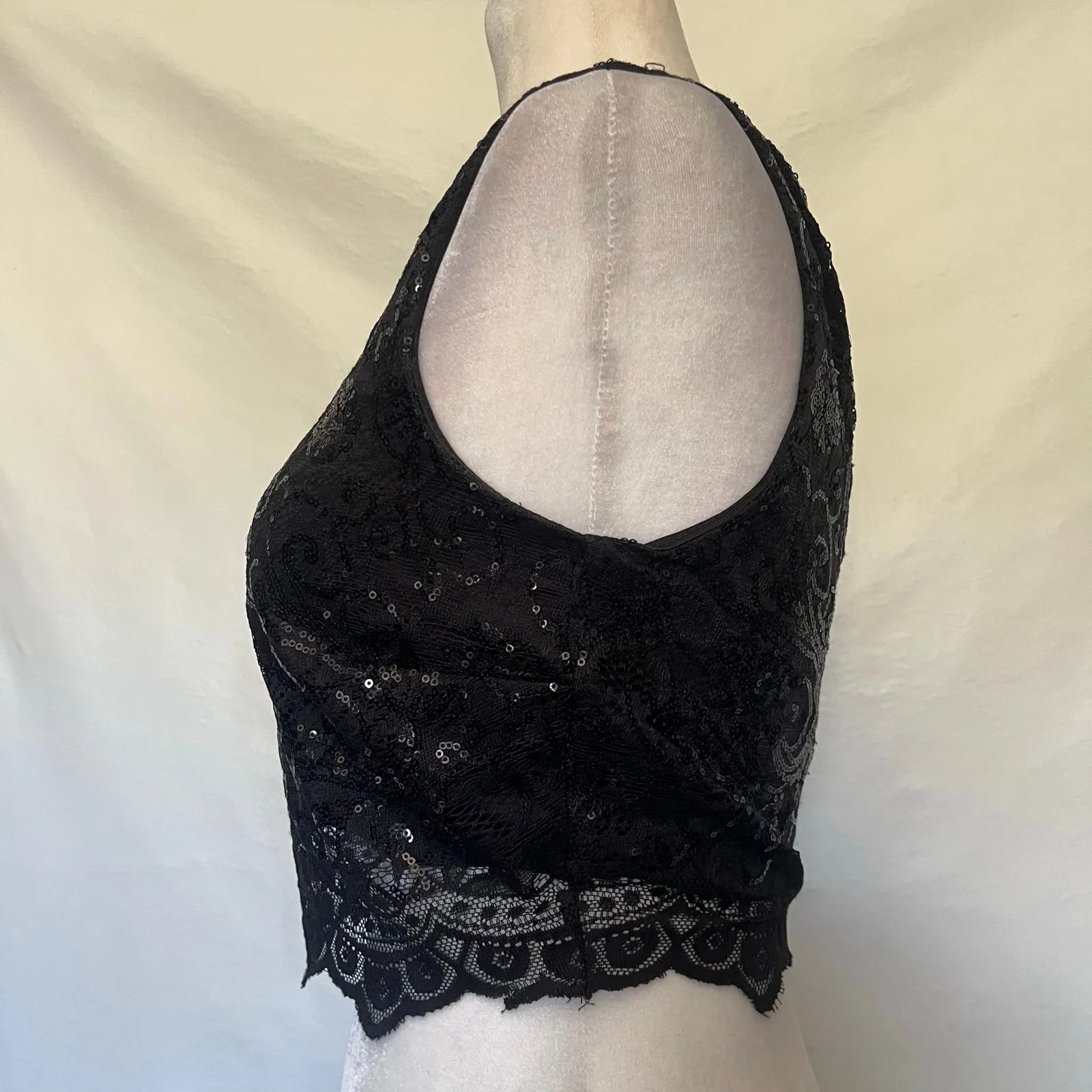 City Studio Sequin Lace Crop Womens Top Sz 7 Y2K Fairy Whimsigoth Holiday Formal Black - Image 5