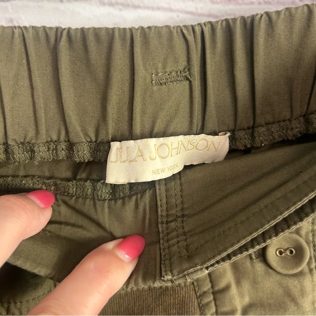 Ulla Johnson olive green designer mixed media shorts retro chic button accent - Image 4