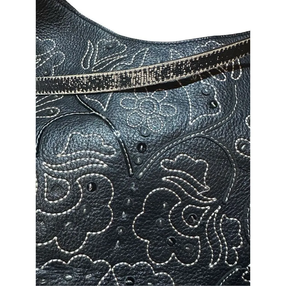 Antonio Melani black leather medium size shoulder bag purse floral stitching pat - Image 10