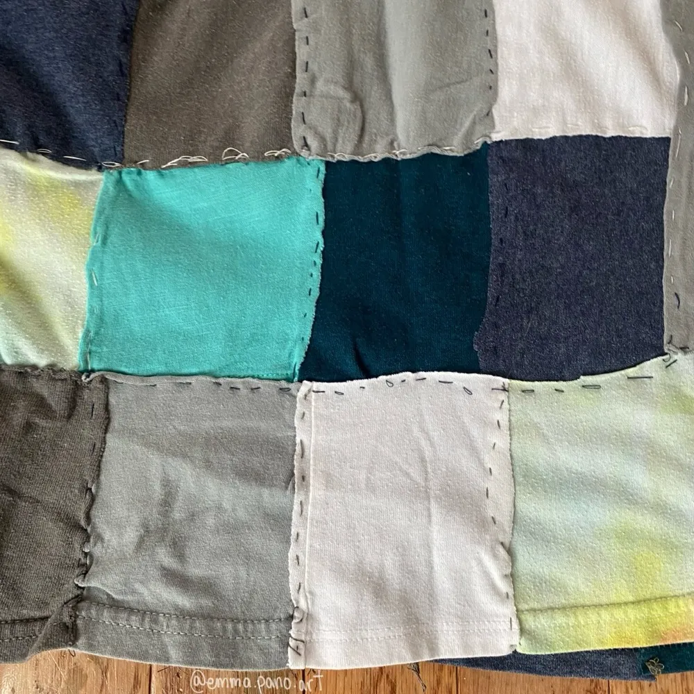 blue gray white checkered reworked hand sewn patchwork  shirt - Image 9