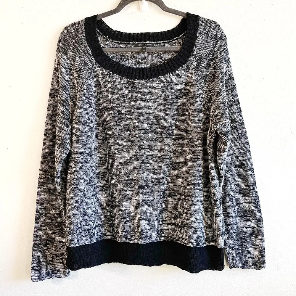 Eileen Fisher Sweater Heathered Black Melange Linen Twist Pullover Knit XL EUC - Image 4