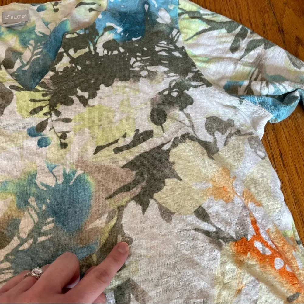 CHICO'S 2 Spring Paradise Linen Tee White Olive Green Floral 3/4 Sleeve Tunic L - Image 13