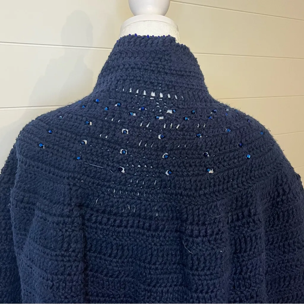 Handmade Blue Knit Open Front Crocheted Shawl Poncho with Rhinestones Collared Size undefined - Image 11
