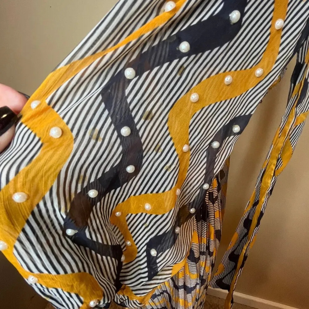 VTG 70’S Maxi Dress Long Sleeve Pleated Yellow Gold Blue Pearls Formal XS Bow - Image 15