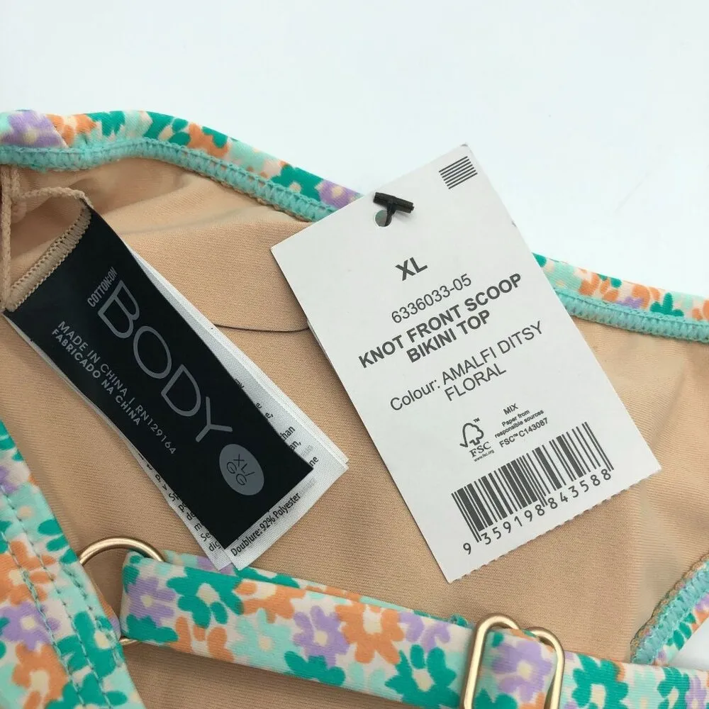 Cotton On Body Knot Front Scoop Bikini Top Floral Green Colorful XL - Image 3