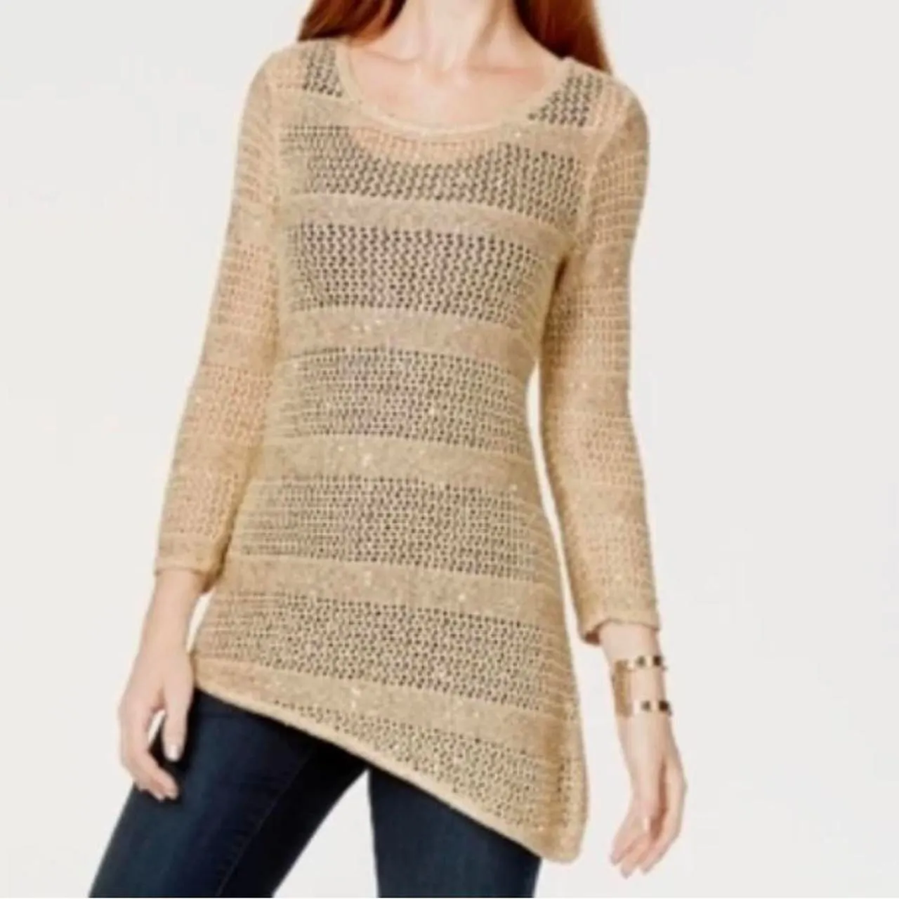 Y2K indie boho INC International tan & gold crochet sequin asymmetrical sweater Size XL - Image 4