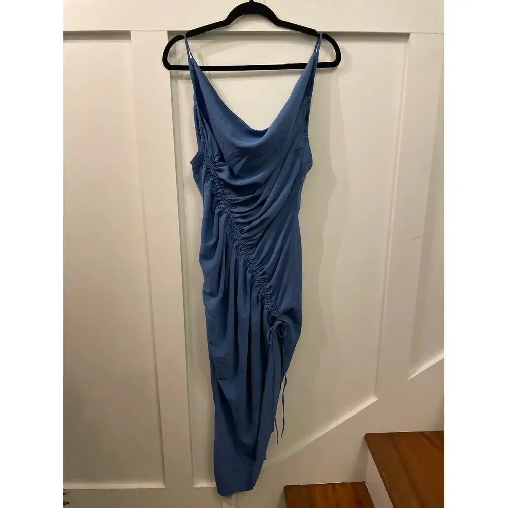 NWT Abercrombie & Fitch Asymmetrical Cowl Neck Cinched Midi Dress in Blue, L - Image 5
