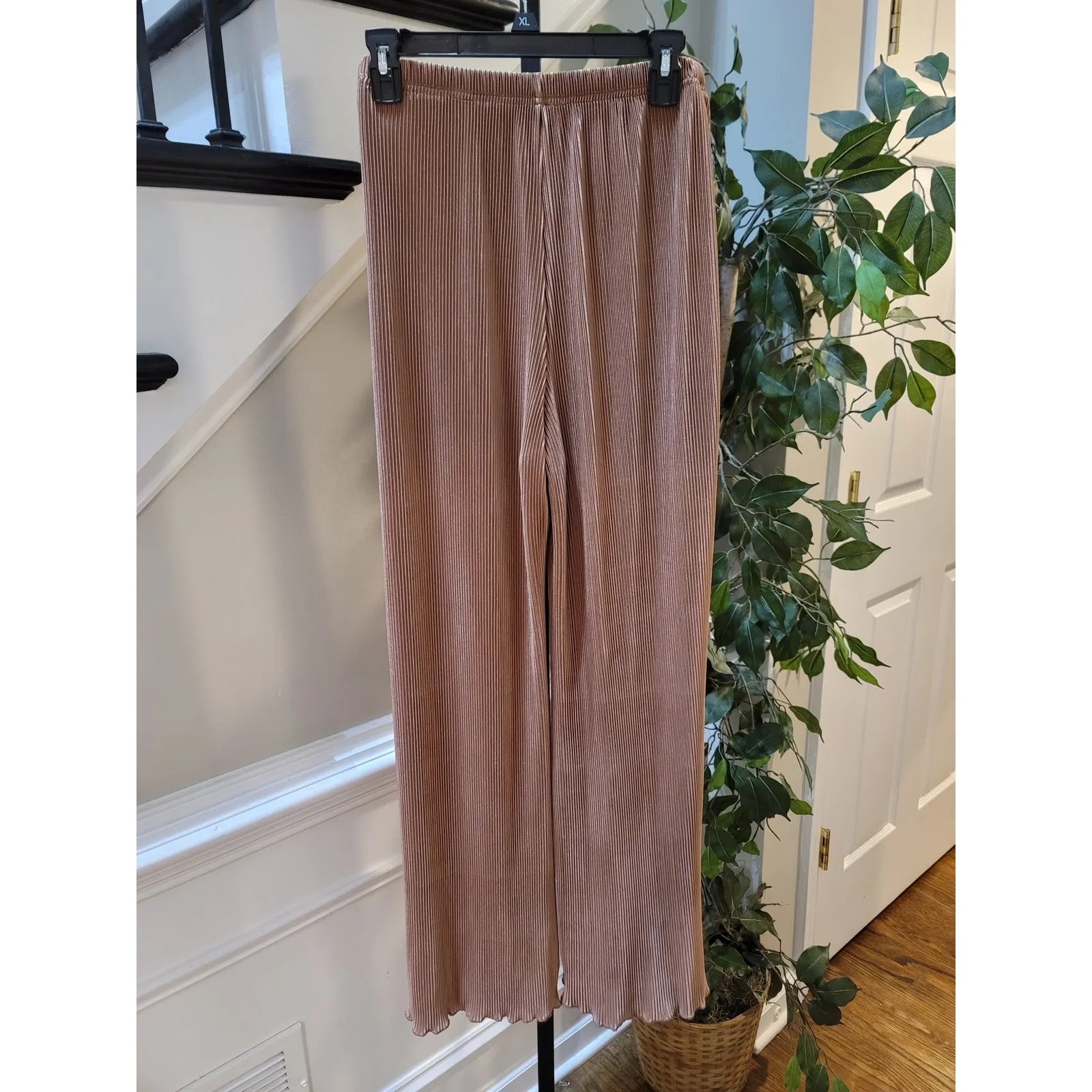 Polyester Pants Women's Size XL Pleated Light Brown Stretch Elastic Waist Luxury - Image 6