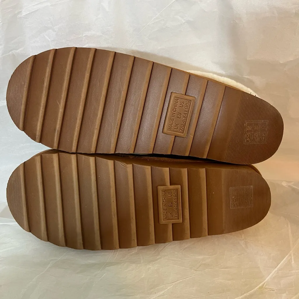 WOMENS 9/10 BROWN/WHITE FAUX FUR‎ LINED SUEDE CHUNKY PLATFORM CLOG MULES Size undefined - Image 5