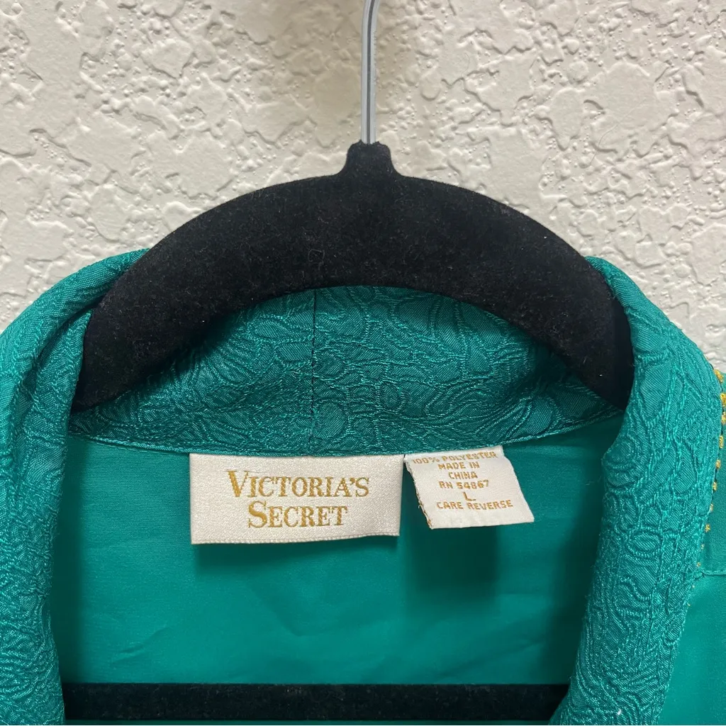 VTG 80s Victoria's Secret Emerald Green‎ Gold Label open kimono Robe Sz L - Image 5