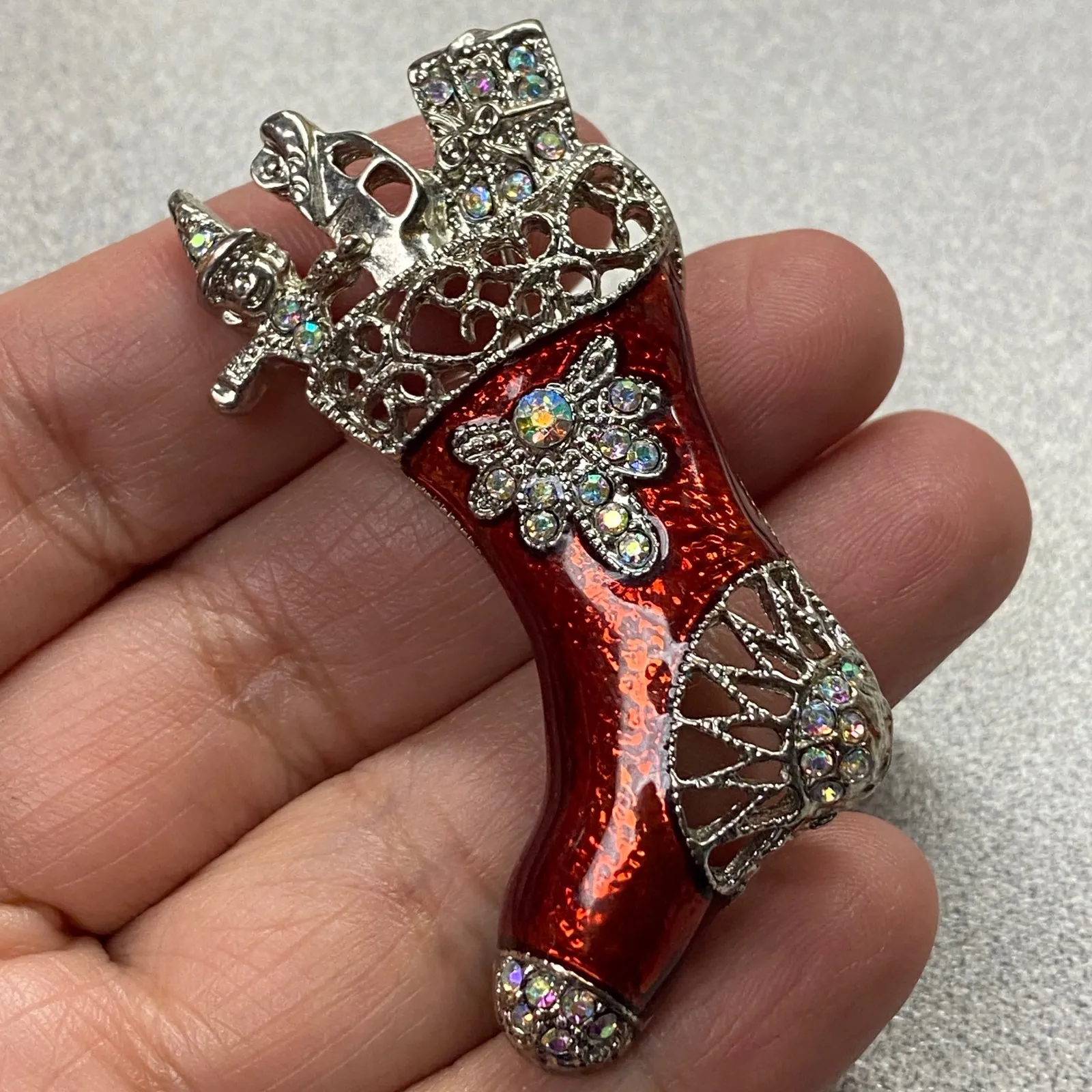Sparkling Christmas Stocking Brooch Rhinestone Enamel Festive Holiday Accessory Red - Image 2