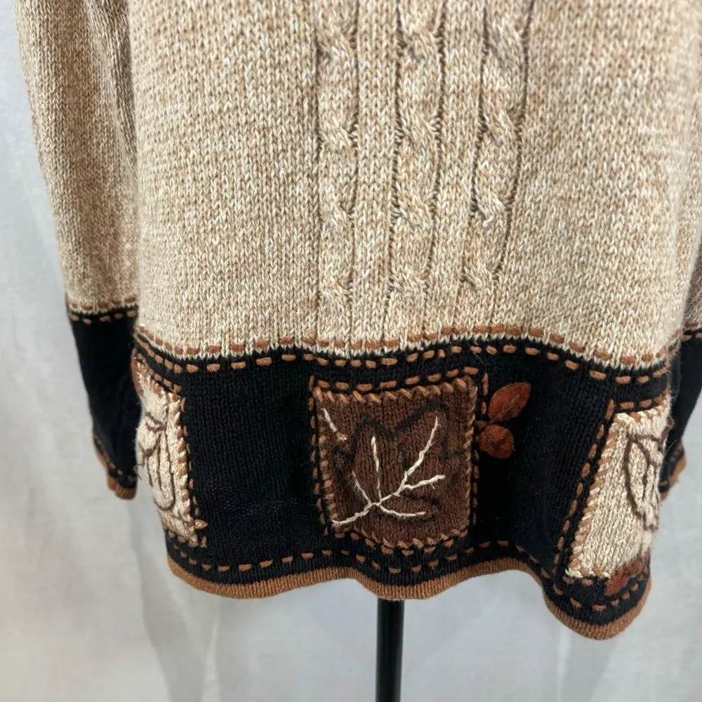 Erika Ramie Cotton blend tan & black fall leaf block pattern knit sweater medium - Image 2
