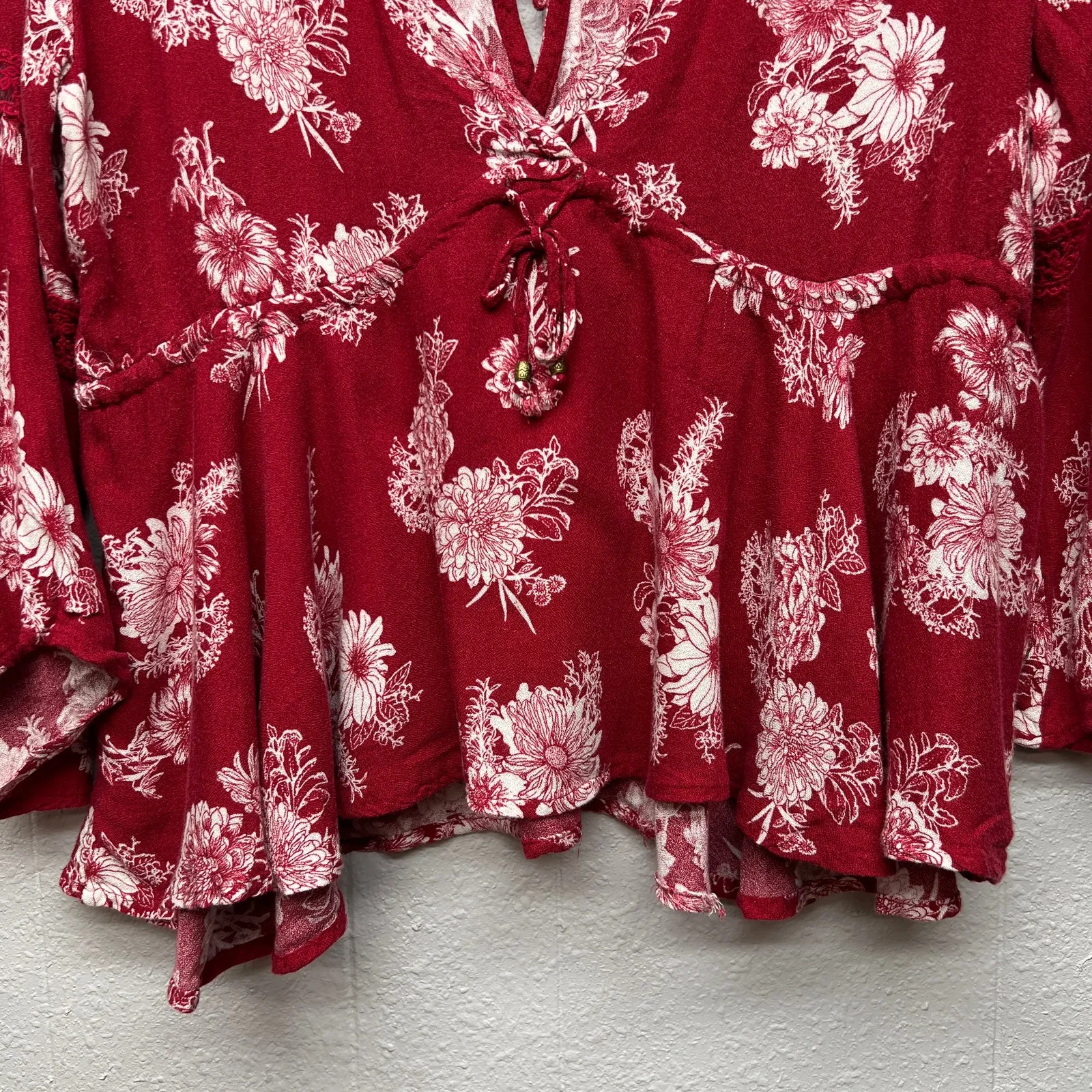 American Rag Floral Red Babydoll Top Womens Large Y2K Grunge Cottagecore Preppy - Image 4