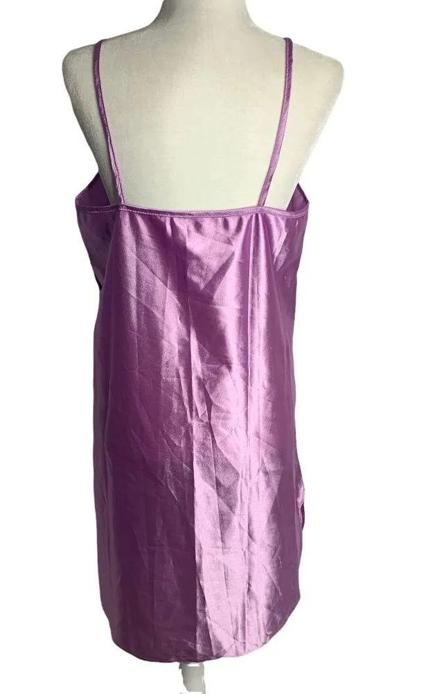 Vintage 80s Silky Nightgown L Purple Floral Spaghetti Straps V Neck Round Hem Size L - Image 4