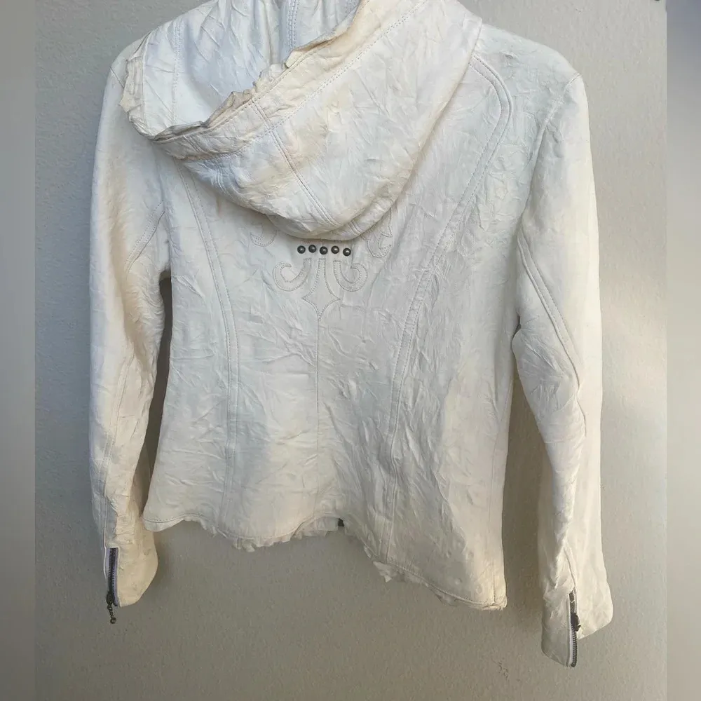Ivory colored organic leather jacket with intentional distressing and raw edges White - Image 2