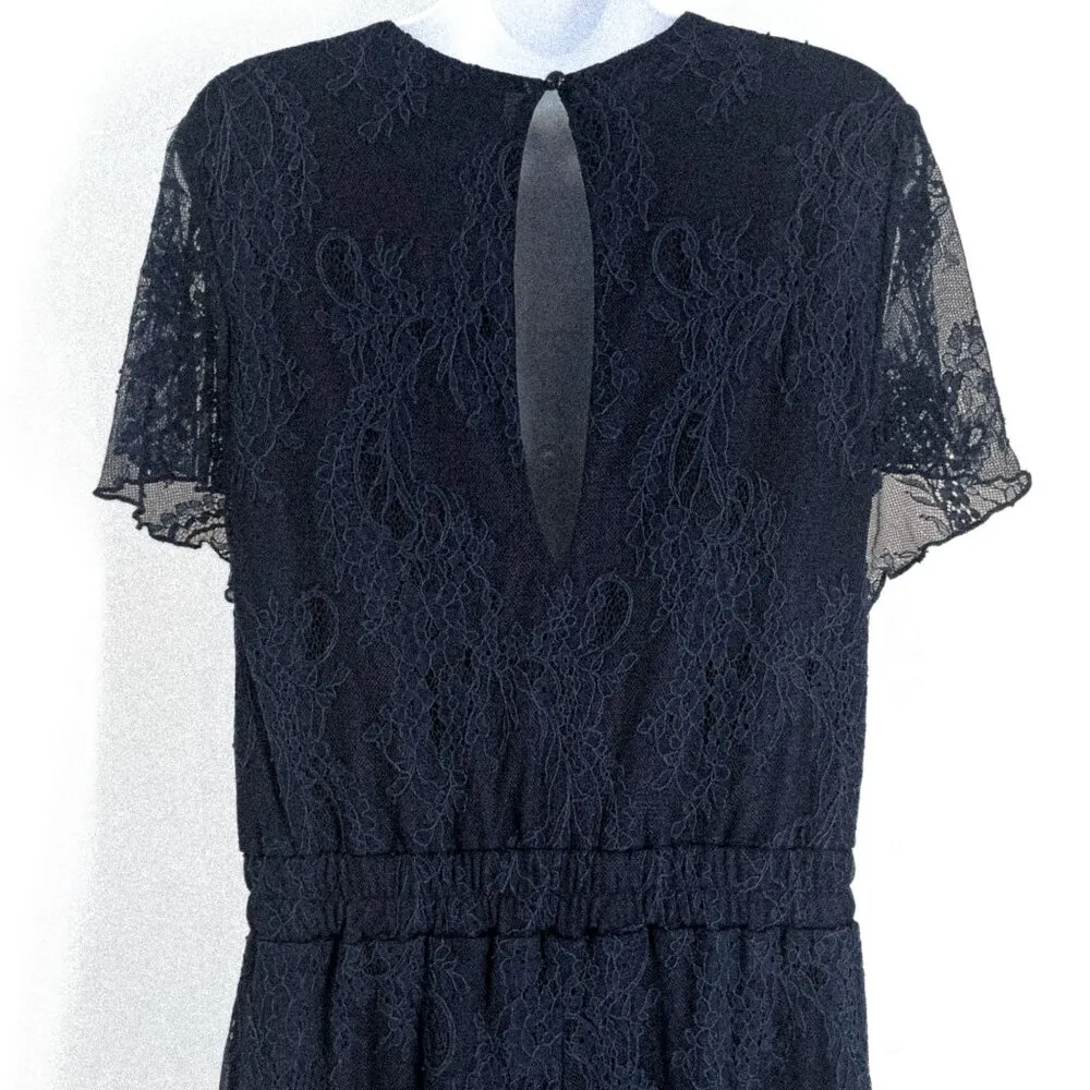 Trixxi Floral Lace Short Sleeve Flowy Flare Leg Shorts Romper Navy Blue XL - Image 5