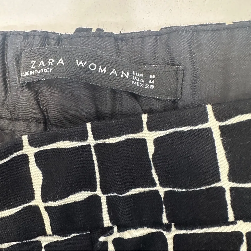 Zara Woman Square Windowpane Print Pockets Pants Trousers Black White Size M - Image 4