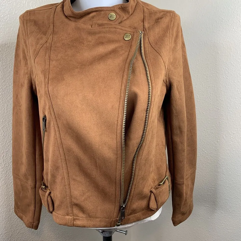 and Co Jacket Womens Sz S Cognac Brown Suede Biker Buckle Asymmetrical Zip - Image 3
