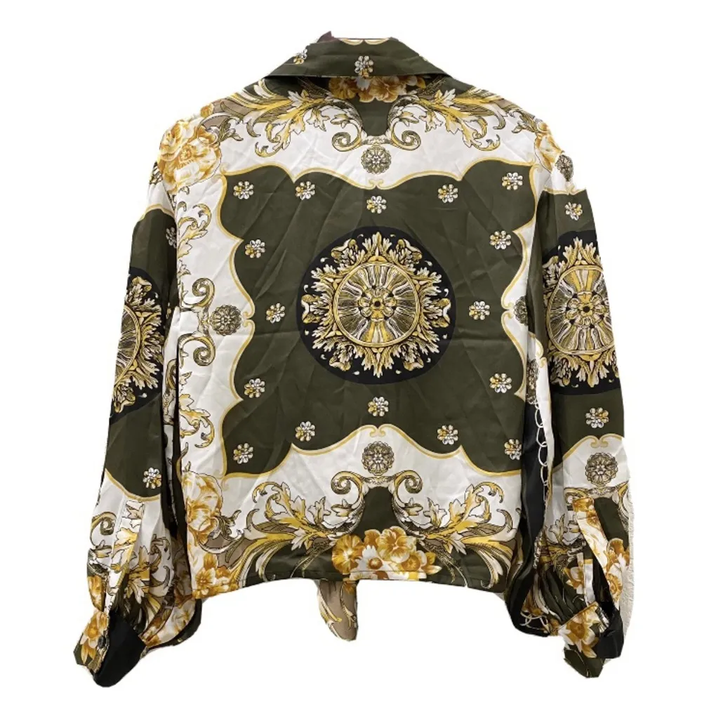 Soho NYC Green/Gold Scarf Print Front Tie Blouse S - Image 2