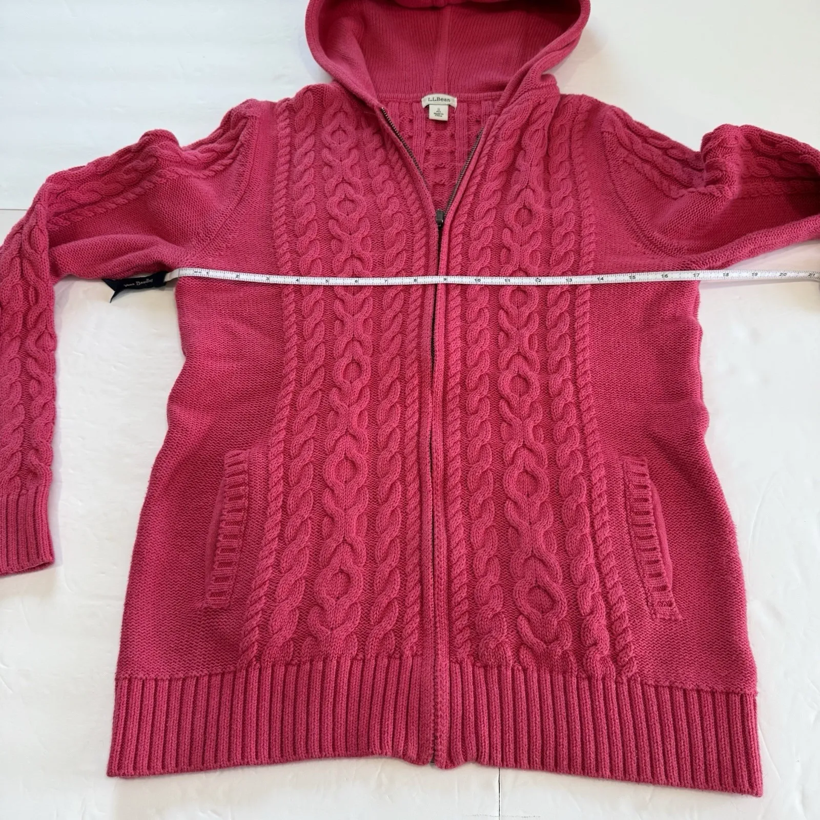 LL Bean Pink Double L Mixed Cable Full Zip Hoodie Pockets Cotton Sweater SMALL - Image 9