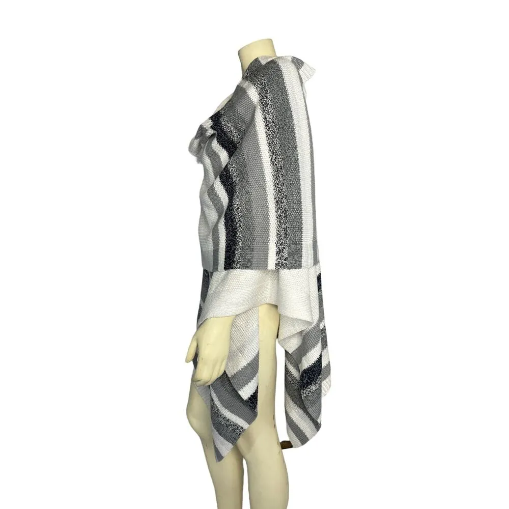 White House black market Ruana Cape striped, black, white gray one size medium - Image 9