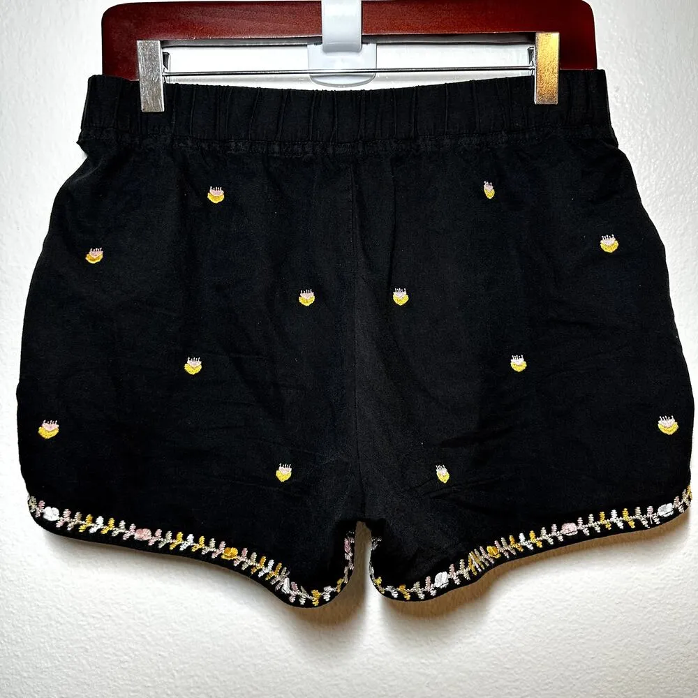 Madewell Embroidered Spring Time Pull-On Shorts Stitched Side Pockets Black S - Image 5
